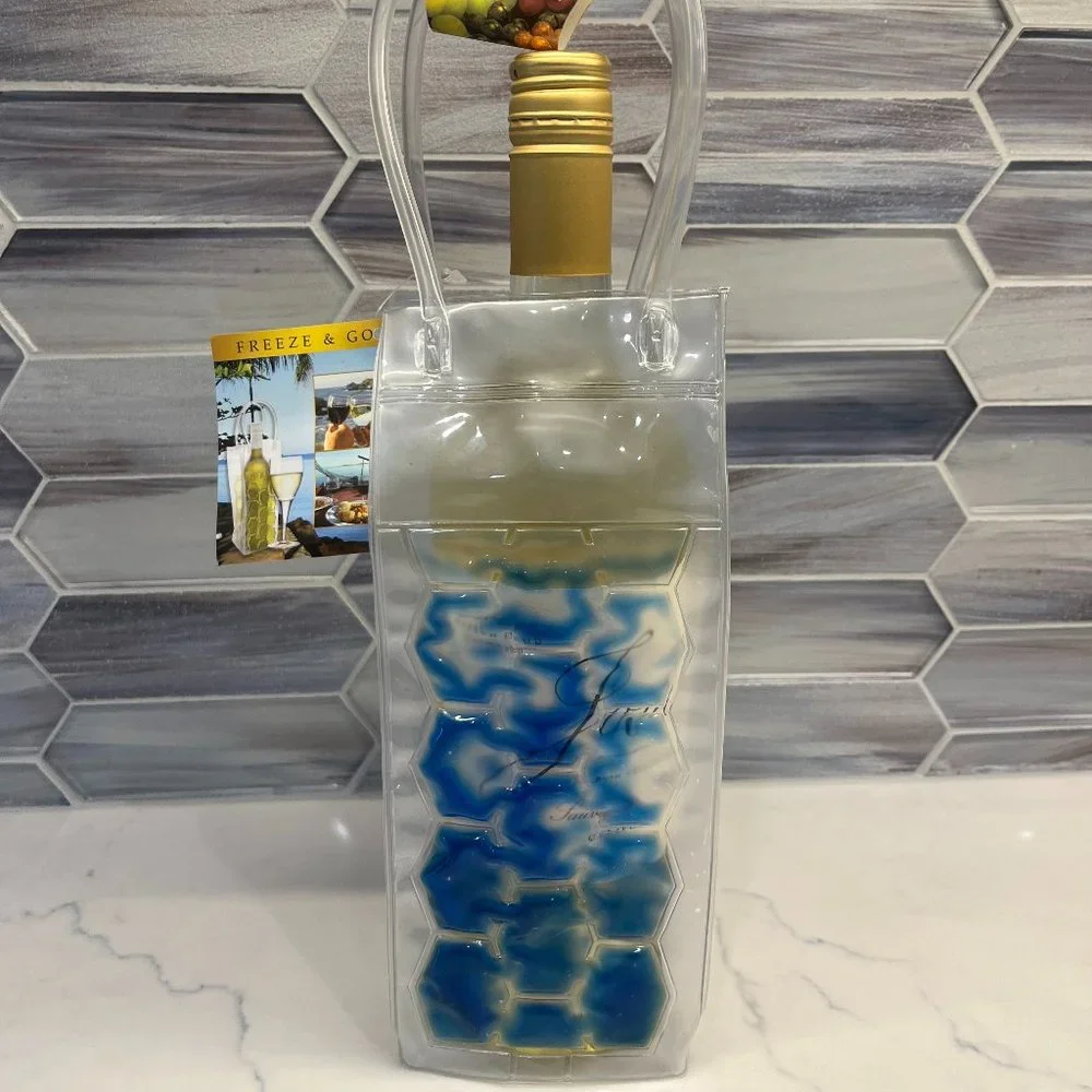 Freeze Beverage Tote / Ice Bucket To-Go / Wine Chill Bag / Clear & Blue - NWT